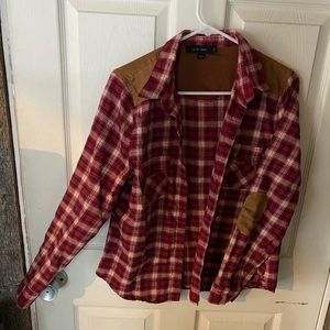 Red flannel with brown leather accents